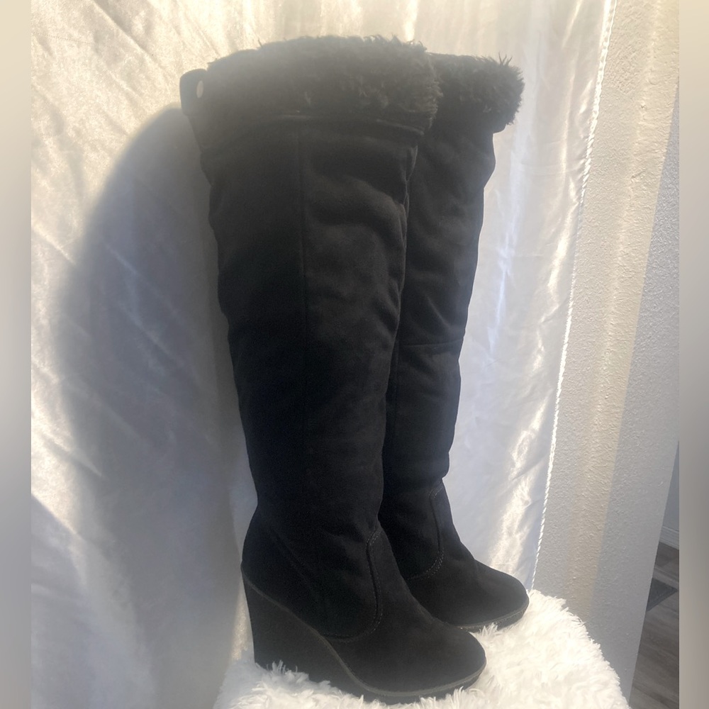 Black Above the Knee Wedge Boot